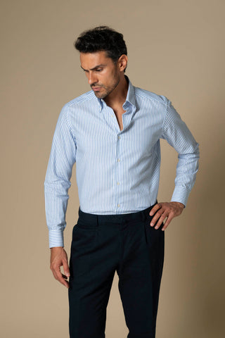 Men's blue striped Italian Oxford button-down shirt, front view | VESTITI